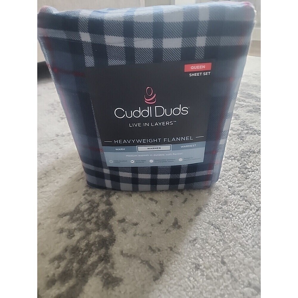 Cuddl Duds Queen Heavyweight Flannel Sheet Set Blue Plaid Soft Brushed Cotton